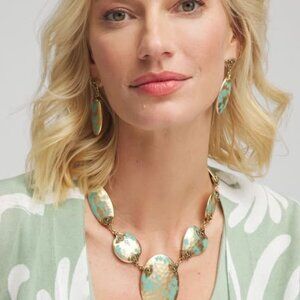 NWT CHICOS Turquoise and Gold Bib Necklace, AND MATCHING EARRINGS.